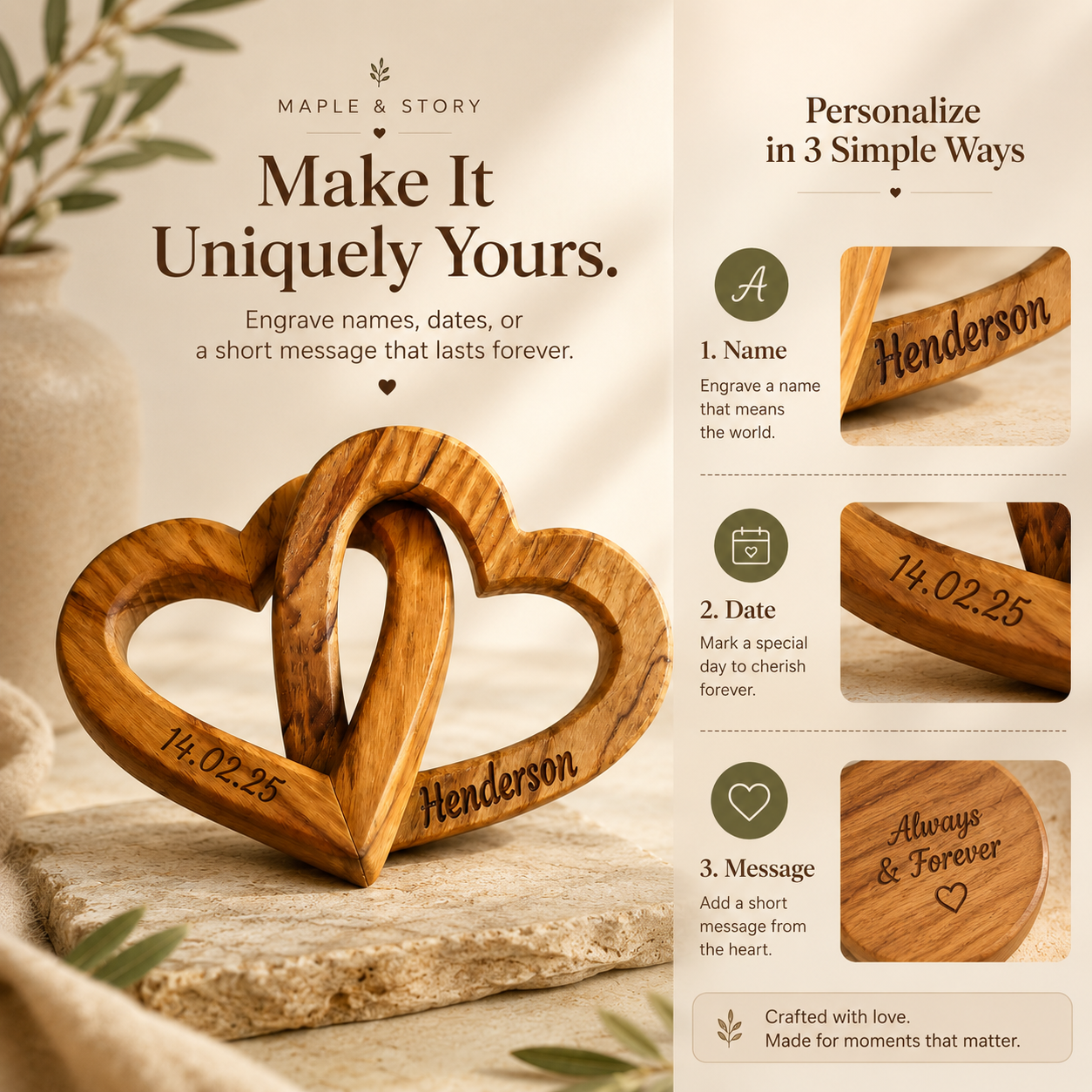 Personalized Olive Wood Interlocking Hearts