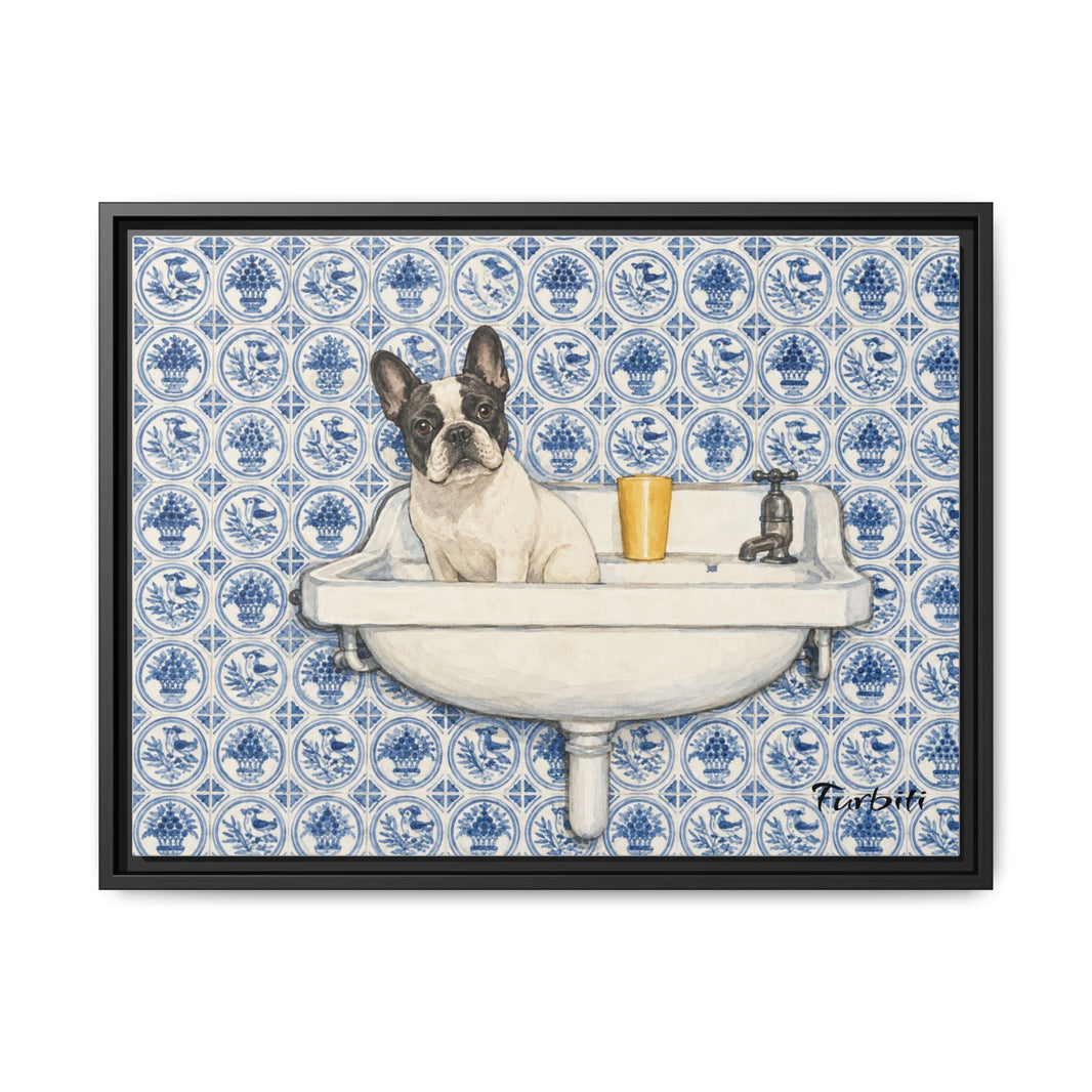 Blauer Fliesen-Bulldoggen-Leinwanddruck
