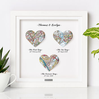 Personalised 1st Year Paper Anniversary Heart Map Gift – Framed Map Print