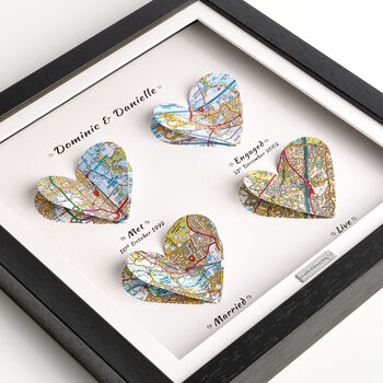 Personalised 1st Year Paper Anniversary Heart Map Gift – Framed Map Print