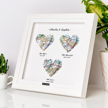 Personalised 1st Year Paper Anniversary Heart Map Gift – Framed Map Print