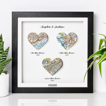 Personalised 1st Year Paper Anniversary Heart Map Gift – Framed Map Print