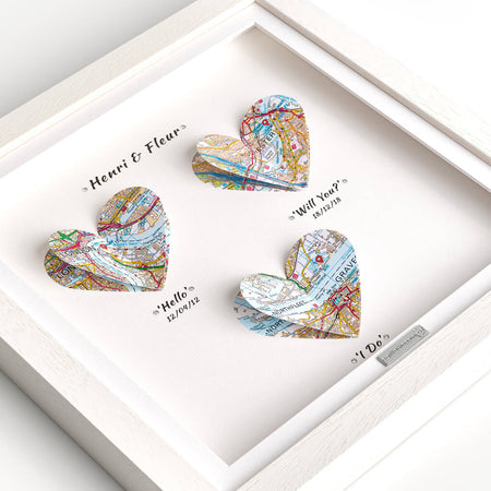 Personalised 1st Year Paper Anniversary Heart Map Gift – Framed Map Print
