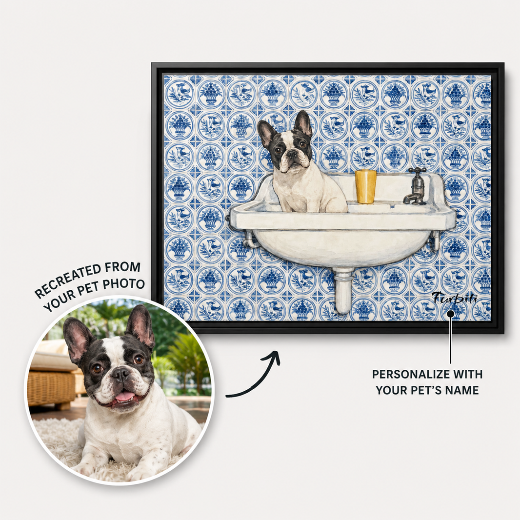 Blauer Fliesen-Bulldoggen-Leinwanddruck
