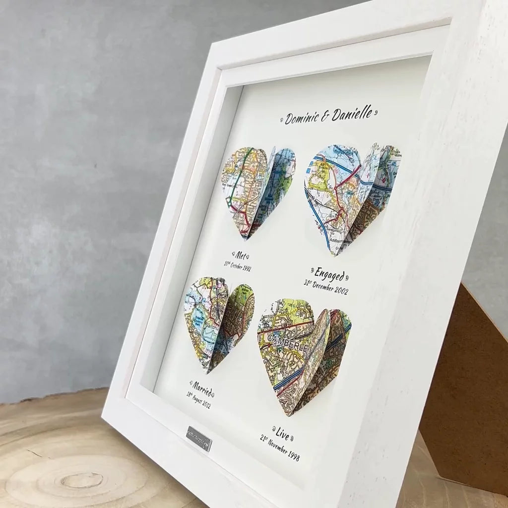 Personalised 1st Year Paper Anniversary Heart Map Gift – Framed Map Print