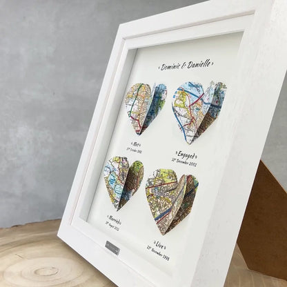 Personalised 1st Year Paper Anniversary Heart Map Gift – Framed Map Print